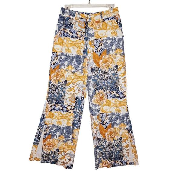 Boston Proper Patchwork Wide Leg Pants Linen 4 Arizona Paisley Floral Side Slits - Picture 1 of 13